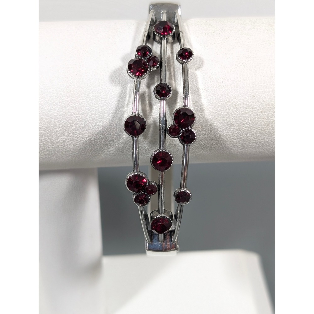 Silver Tone Red Rhinestone Hinge Bangle Bracelet 7" Tennis‎ Style